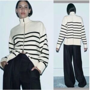 Zara Striped Knit Cardigan Zip Sweater in ivory/navy Size S